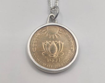 Handmade Coin Pendant, India Lotus Flower And Sun Coin Sterling Silver Necklace