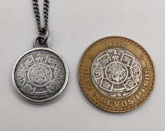 Handmade Oxidized Sterling Silver Aztec Sun Stone Coin Pendant Necklace