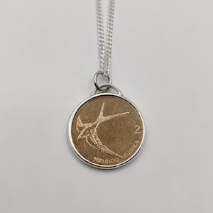 Handmade Coin Pendant, Slovenian Barn Swallow Bird Coin Sterling Silver Necklace