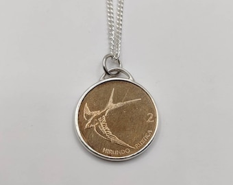 Handmade Coin Pendant, Slovenian Barn Swallow Bird Coin Sterling Silver Necklace