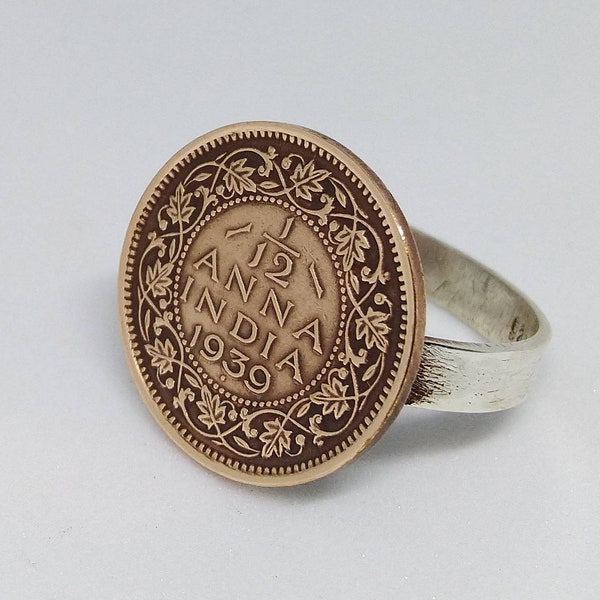 Handmade Coin Ring, British India Flat Coin Sterling Silver Ring, Recycled Jewelry