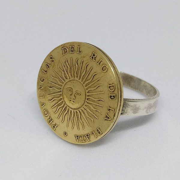 Handmade Vintage Coin Ring, Argentinian Sun Coin Sterling Silver Ring