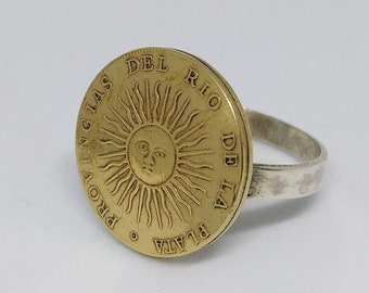 Handmade Vintage Coin Ring, Argentinian Sun Coin Sterling Silver Ring