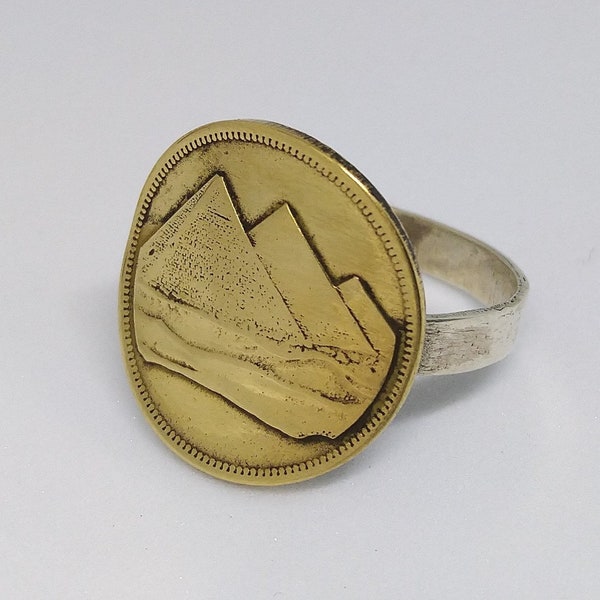 Handmade Vintage Coin Ring, Egyptian Pyramids Coin Sterling Silver Band