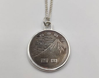 Handmade Vintage Coin Pendant, Japanese Mount Fuji Coin Sterling Silver Necklace