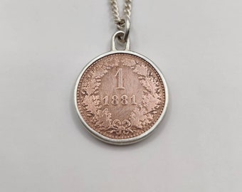 Handmade Antique Coin Pendant, Austro-Hungarian 1881 Coin Sterling Silver Necklace