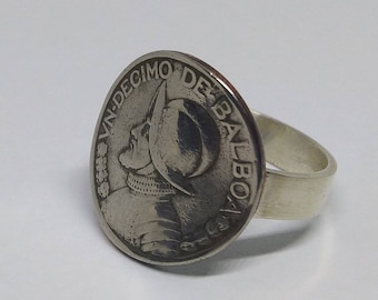 Bague de pièces vintage faite à la main, bague panaméenne en argent sterling Balboa, bijoux recyclés uniques en leur genre