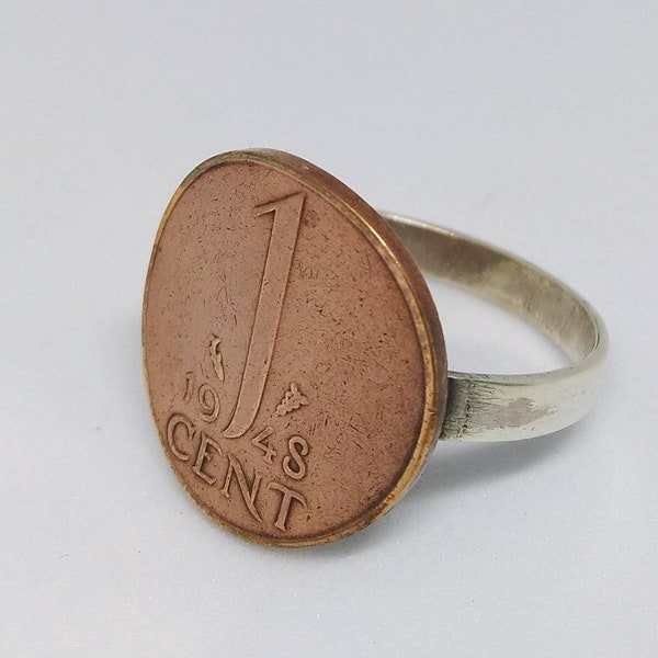 Handmade Vintage Coin Ring, Netherlands 1 Cent Coin 1948 Sterling Silver Ring