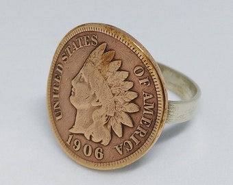 Handmade Antique Coin Ring, USA American Indian Head Penny Sterling Silver Ring