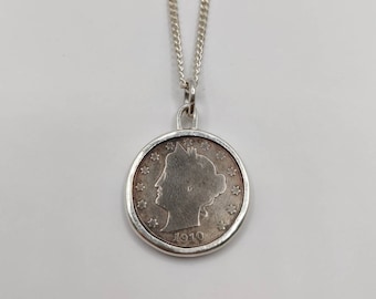 Handmade Antique Coin Pendant, USA Liberty Nickel Coin Sterling Silver Necklace