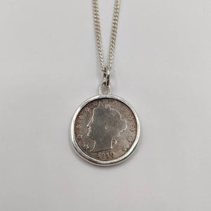Handgemachter Antiker Münzanhänger, USA Liberty Nickel Münze Sterling Silber Halskette