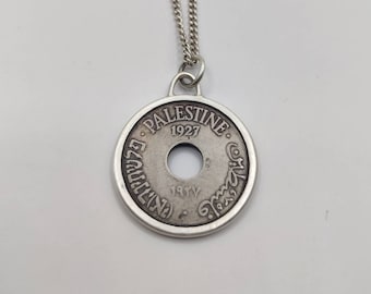 Handmade Vintage Coin Pendant, British Palestine 10 Mils Hole Coin Sterling Silver Necklace