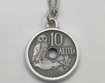 Handmade Vintage Coin Pendant, Greek 10 Lepta Owl Hole Coin Sterling Silver Necklace