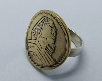 Handmade Egyptian Sphinx Coin Ring: Vintage Sterling Silver