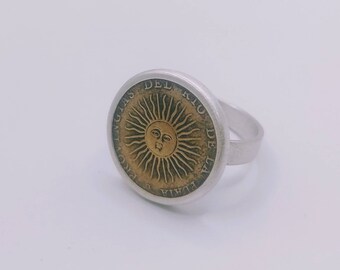 Handmade Argentinian Sun Coin Ring: Sterling Silver Bezel