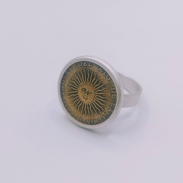 Handmade Bezel Coin Ring, Argentinian Sun Coin Sterling Silver Ring