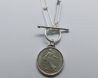 Handmade Vintage Coin Pendant, French Marianne Coin Sterling Silver Rectangle Link Chain