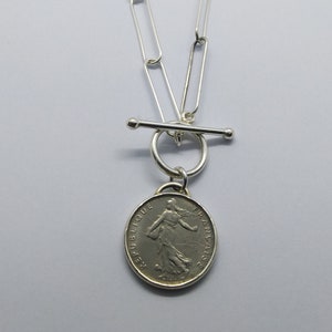 Handmade Vintage Coin Pendant, French Marianne Coin Sterling Silver Rectangle Link Chain