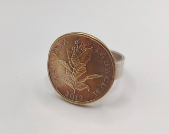 Handmade Coin Ring, Croatian Tobacco Leaf Coin Sterling Silver Ring