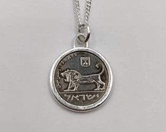 Handmade Vintage Coin Pendant, Israeli Lion Of Judah Coin Sterling Silver Necklace