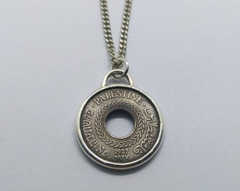 Handmade Vintage Coin Pendant, British Palestine 5 Mils Coin Sterling Silver Necklace
