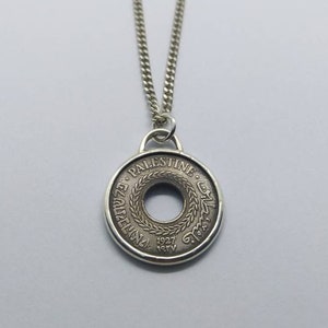 Handmade Vintage Coin Pendant, British Palestine 5 Mils Coin Sterling Silver Necklace