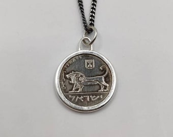 Handmade Vintage Coin Pendant, Oxidized Israeli Lion Of Judah Coin Sterling Silver Necklace
