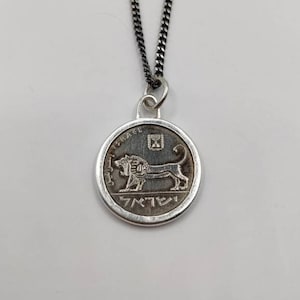 Handmade Vintage Coin Pendant, Oxidized Israeli Lion Of Judah Coin Sterling Silver Necklace