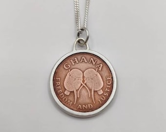 Handmade Vintage Coin Pendant, Ghana Adowa Drums Coin Sterling Silver Necklace