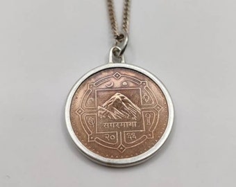 Handmade Coin Pendant, Nepali Mount Everest Coin Sterling Silver Necklace