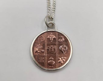 Handmade Vintage Coin Pendant, Bhutanese Buddhist Signs Coin Sterling Silver Necklace