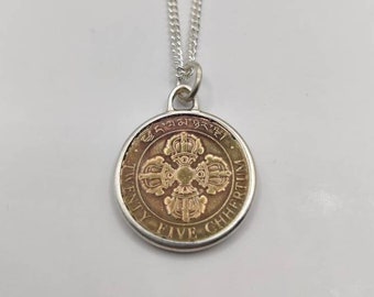 Handmade Vintage Coin Pendant, Bhutanese Dorje Coin Sterling Silver Necklace