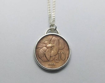 Handmade Vintage Coin Pendant, Italian Honeybee On A Flower Coin Sterling Silver Necklace