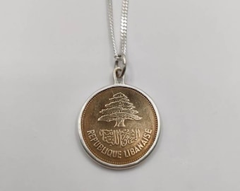 Handmade Vintage Coin Pendant, Lebanese Cedar Tree Coin Sterling Silver Necklace