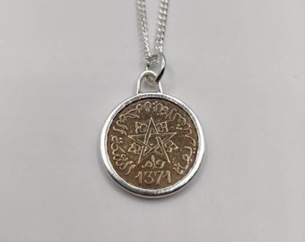 Handmade Vintage Coin Pendant, Moroccan Five Points Star Coin Sterling Silver Necklace