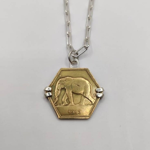 Handmade Vintage Coin Pendant, Belgian Congo Hexagonal Elephant Coin Sterling Silver Link Chain