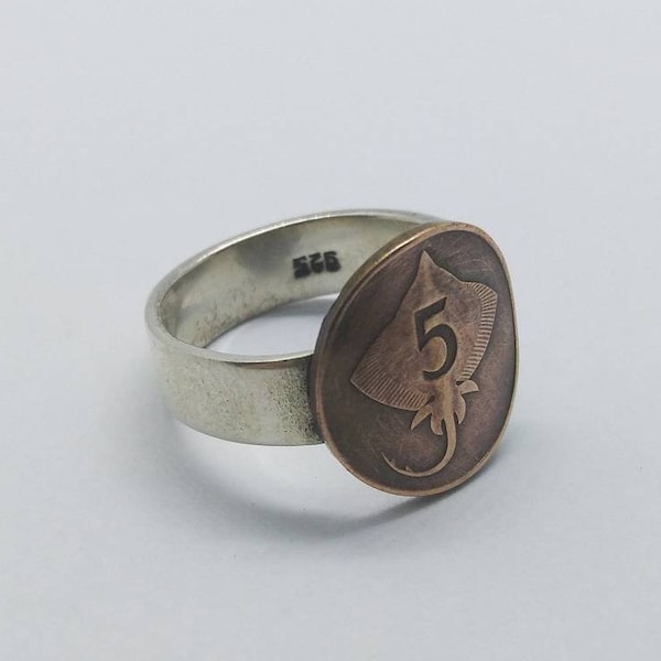 Handmade Vintage Coin Ring, Icelandic Skate Fish Coin Sterling Silver Ring