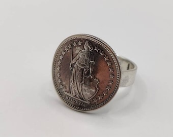 Handmade Swiss Helvetia Coin Ring: Vintage Sterling Silver