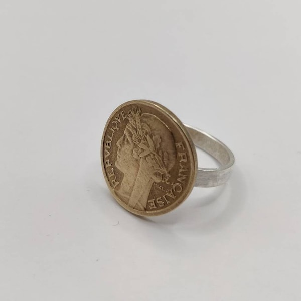 Handmade Vintage Coin Ring, French 50 Centimes Coin Sterling Silver Ring