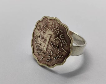 Handmade Vintage Coin Ring, British India Anna Coin Sterling Silver Ring