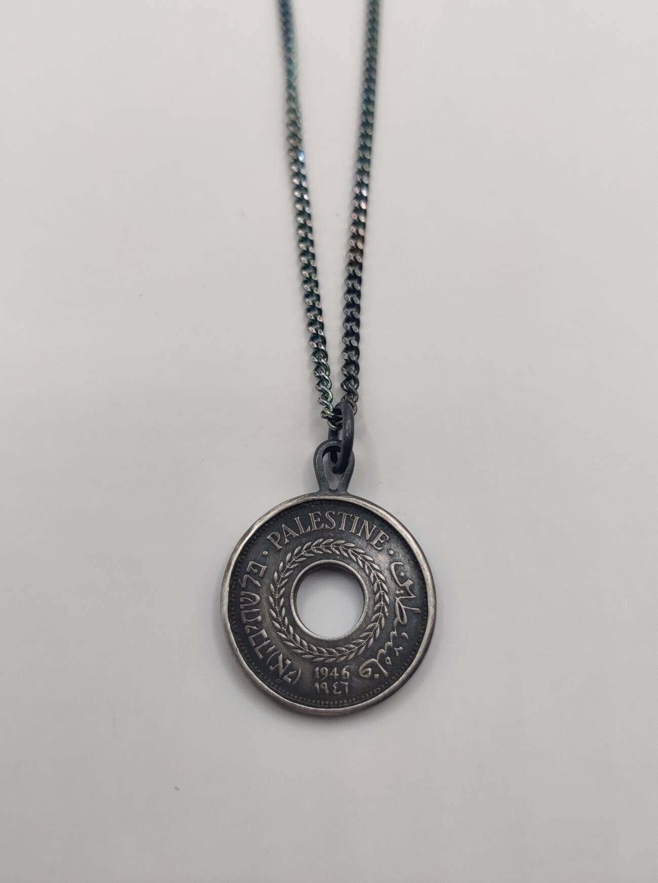 Handmade Vintage Coin Pendant, Oxidized British Palestine 5 Mils Coin Sterling Silver Necklace