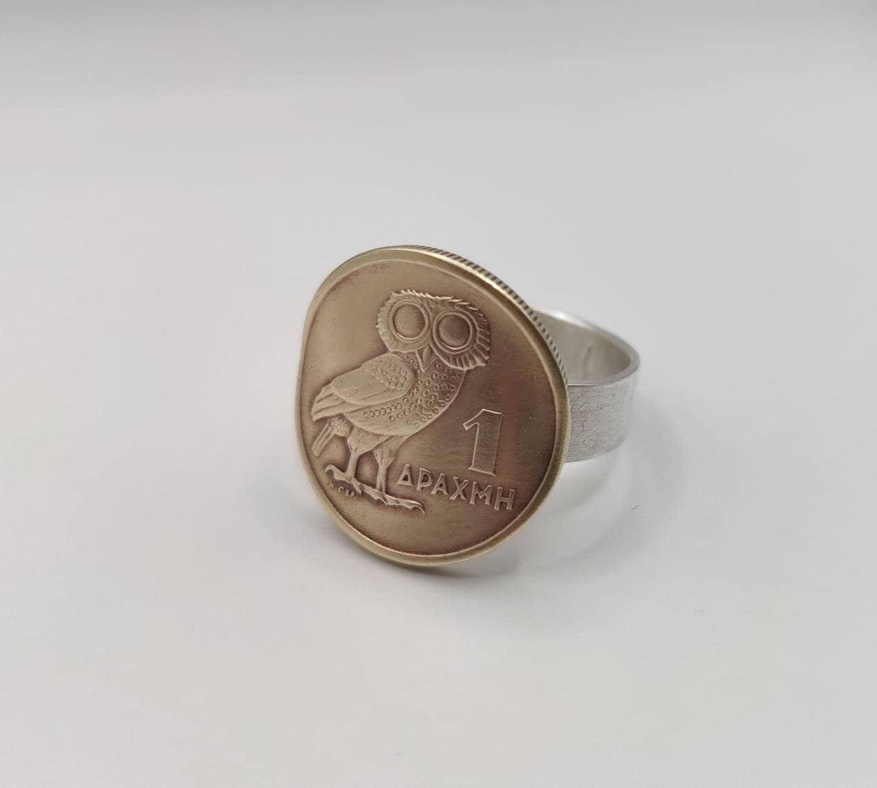 Handmade Sterling Silver Greek Owl Coin Ring - Vintage 1973 Drachma
