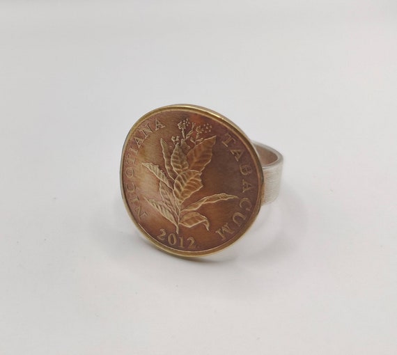 Handmade Croatian Tobacco Leaf Coin Ring - Sterling Silver Band