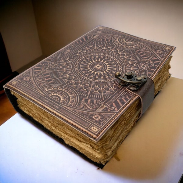 Handmade Leather Journal with Mandala Print - 5x7 inches, 1.25 Inches Thick - 200 Deckle Edge Pages