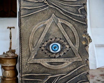 Evil Eye Triangle Embossed Charcoal color Handmade Leather Journal