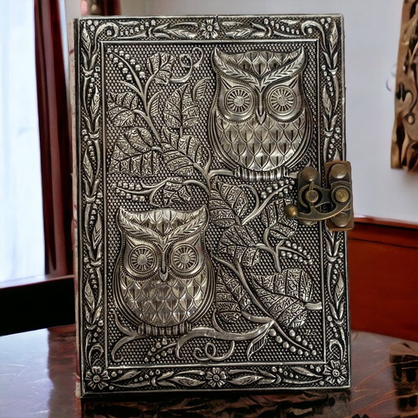 Jumeaux Silver Owls Journal en laiton pur 7 x 5 po.