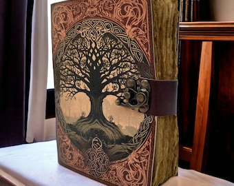 Cuaderno de cuero vintage con diseño del Árbol de la Vida, páginas Deckledge, 5 x 7 pulgadas.