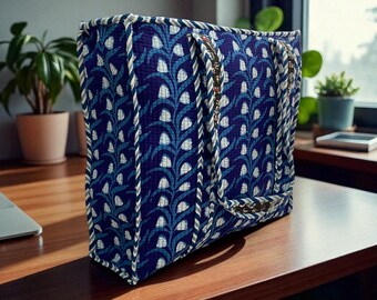Blue Block Print Cotton Tote Bag: Handmade Reusable Shopping Carryall