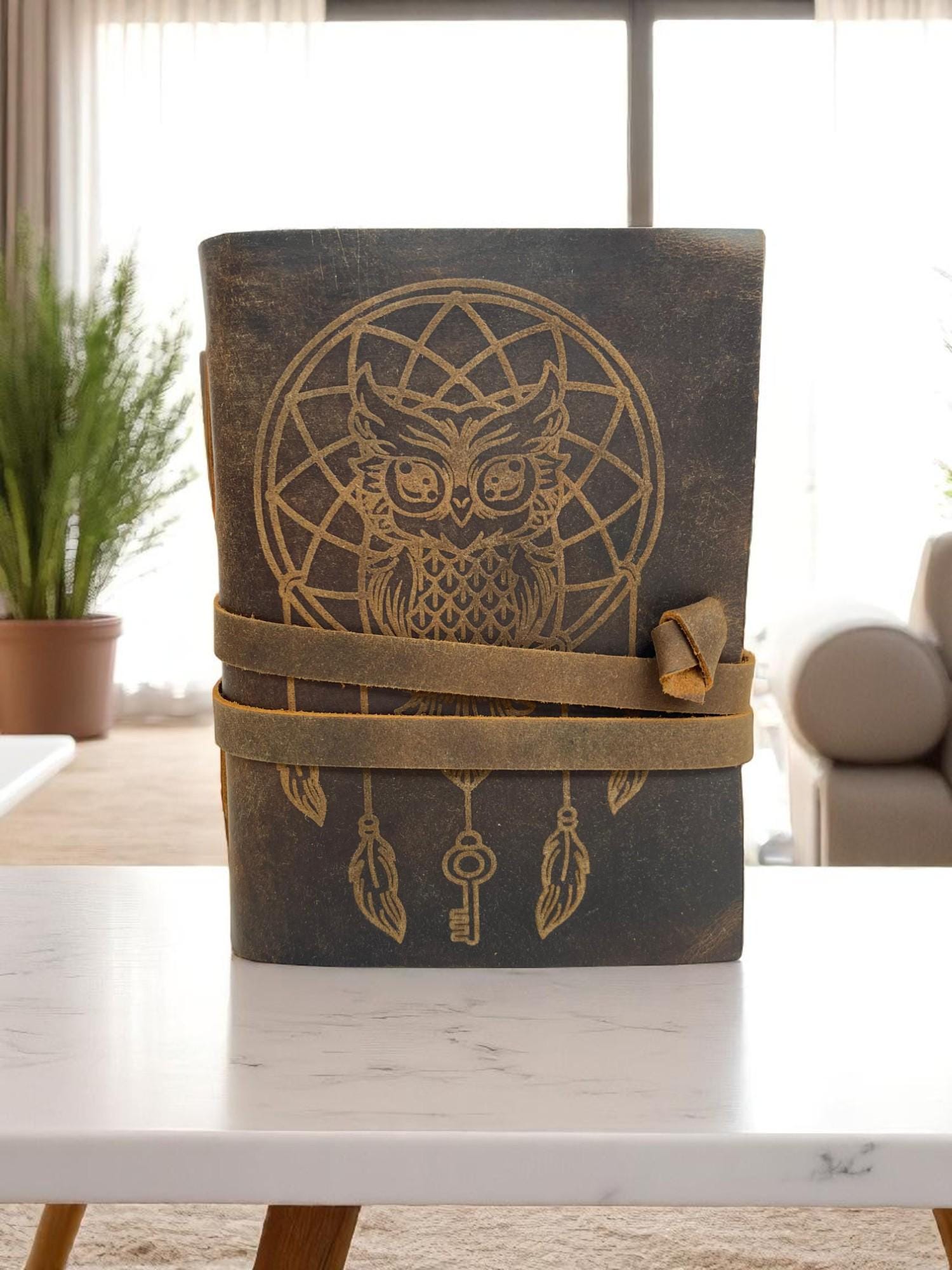 Handmade Leather Journal, Owl Dreamcatcher Design, Refillable Vintage Notebook