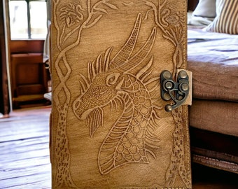 Dragon Embossed Leather Journal, Handmade Travel Diary, Charcoal Brown (5x7)
